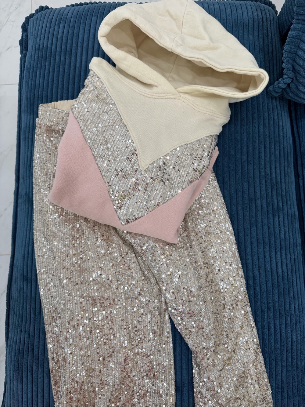 Zara Sequin Wide-Leg Pants with Cream Hooded & Blush Accent Top
